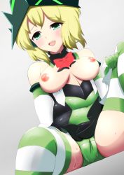 Rule 34 | 1girl, akatsuki kirika, bare shoulders, blonde hair, blush, breasts, breasts out, cameltoe, covered navel, dutch angle, elbow gloves, gloves, green eyes, grey background, hair between eyes, headgear, highres, kaden, leotard, looking at viewer, medium breasts, nipples, senki zesshou symphogear, short hair, sitting, solo, spread legs, striped clothes, striped thighhighs, sweat, thighhighs