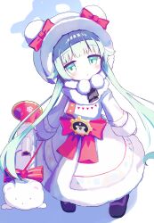 Rule 34 | 1girl, absurdres, blue archive, coat, green eyes, green hair, halo, highres, looking at viewer, momiji (blue archive), neumo ( neumo ), rocket launcher, simple background, solo, weapon, white background, white coat