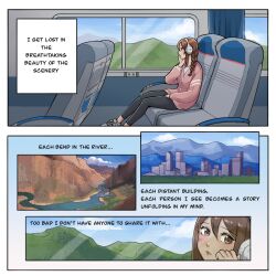 Rule 34 | 1girl, amtrak, artist request, black leggings, blue curtain, braid, breasts, brown eyes, brown hair, closed mouth, commentary, curtains, day, english commentary, english text, from side, hair between eyes, headphones, heart, left-to-right manga, leggings, long sleeves, looking outside, medium hair, original, pink sweater vest, shoes, sitting, small breasts, sneakers, solo, sweater vest, train interior, twin braids, white footwear, window