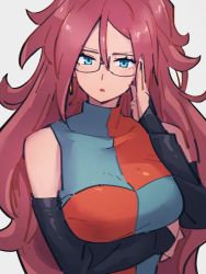 Rule 34 | 1girl, android 21, breasts, checkered clothes, checkered dress, dragon ball, dragon ball fighterz, dress, earrings, glasses, grey background, hair between eyes, jewelry, kemachiku, large breasts, long hair, looking at viewer, red hair, simple background, solo, upper body