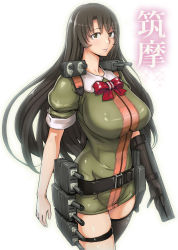 Rule 34 | 10s, 1girl, absurdres, ao madoushi, asymmetrical legwear, black hair, breasts, character name, chikuma (kancolle), cowboy shot, highres, kantai collection, large breasts, long hair, looking at viewer, mismatched legwear, solo, thighhighs