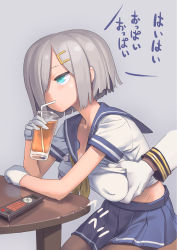 Rule 34 | 10s, 1girl, admiral (kancolle), aqua eyes, bad id, bad pixiv id, breasts, collarbone, commentary request, covered erect nipples, drink, drinking, drinking straw, grabbing, grabbing another&#039;s breast, hair ornament, hair over one eye, hairclip, hamakaze (kancolle), highres, jitome, kantai collection, katahira (hiyama), large breasts, looking away, miniskirt, no bra, pantyhose, pleated skirt, puffy nipples, short hair, silver hair, simple background, sitting, skirt, solo focus, table, torture