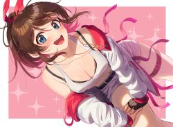 Rule 34 | 1girl, :d, belt, black bra, black gloves, blue eyes, blush, border, bow, bra, breasts, cleavage, collarbone, commentary request, cowboy shot, crop top, dutch angle, fingerless gloves, fingernails, gloves, hair bow, hand on own thigh, high ponytail, idolmaster, idolmaster million live!, jacket, jewelry, kamille (vcx68), leaning forward, legs apart, long sleeves, looking at viewer, medium breasts, medium hair, midriff, navel, necklace, off shoulder, open clothes, open jacket, open mouth, outside border, own hands together, pendant, ponytail, red background, red bow, satake minako, shiny skin, short shorts, shorts, side slit, side slit shorts, sidelocks, single bare shoulder, sleeves past wrists, smile, solo, sparkle background, standing, star (symbol), star necklace, tank top, teeth, thigh strap, underwear, upper teeth only, white border, white jacket, white shorts, white tank top