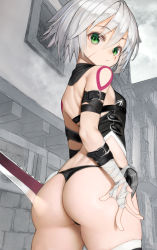 Rule 34 | 1girl, :&lt;, absurdres, arm belt, ass, bandaged arm, bandaged hand, bandages, bare shoulders, belt, belt buckle, black belt, black panties, black shirt, blush, breasts, buckle, building, closed mouth, cloud, cloudy sky, commentary request, dagger, facial scar, fate/apocrypha, fate/grand order, fate (series), from behind, frown, green eyes, grey hair, hair between eyes, highres, holding, holding knife, huge ass, jack the ripper (fate/apocrypha), knife, looking at viewer, looking back, nyatabe, outdoors, panties, scar, scar across eye, scar on cheek, scar on face, shirt, short hair, shoulder tattoo, sky, sleeveless, sleeveless shirt, small breasts, solo, tattoo, thick thighs, thighhighs, thighs, underwear, weapon