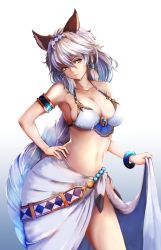 Rule 34 | 10s, 1girl, animal ears, armband, bare shoulders, bikini, blue hair, bracelet, braid, breasts, cleavage, collarbone, contrapposto, erune, granblue fantasy, hair tubes, hand on own hip, heles, highres, jewelry, kangaruu (momotk1109), large breasts, long hair, navel, parted lips, sarong, silver hair, simple background, single braid, solo, standing, swimsuit, very long hair, white background, yellow eyes