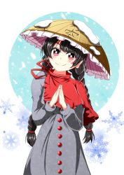 Rule 34 | 1girl, ajirogasa, aospanking, black hair, braid, buttons, capelet, clothes writing, dress, earlobes, grey dress, hair tie, hat, long earlobes, long hair, long sleeves, looking at viewer, own hands together, red eyes, red ribbon, ribbon, smile, snow, snowflakes, solo, touhou, twin braids, white background, yatadera narumi