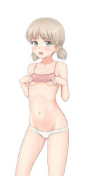 Rule 34 | 10s, 1girl, aki (girls und panzer), blush, breasts, girls und panzer, green eyes, groin, highres, navel, open mouth, panties, sc naru, simple background, small breasts, smile, solo, underwear, white background, white hair, white panties
