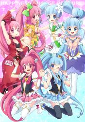 Rule 34 | 10s, 6+girls, aino megumi, alternate form, arm up, armpits, black legwear, blue background, blue eyes, blue hair, blue skirt, boots, bow, bowtie, brooch, copyright name, costume chart, crown, cure lovely, cure lovely (cherry flamenco), cure lovely (lollipop hip hop), cure princess, cure princess (macadamia hula dance), cure princess (sherbet ballet), detached sleeves, dress, flower, hair bow, hair bun, hair flower, hair ornament, happinesscharge precure!, heart, heart brooch, heart hair bun, heart hair ornament, holding hands, jewelry, kneeling, kuune rin, long hair, magical girl, mini crown, multiple girls, multiple persona, necktie, outstretched hand, pink background, pink bow, pink eyes, pink hair, pink skirt, ponytail, precure, red dress, red flower, red rose, rose, shirayuki hime, shoes, sidelocks, single hair bun, skirt, smile, thigh boots, thighhighs, twintails, white legwear, wide ponytail, wing brooch, wrist cuffs, yellow skirt