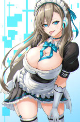 Rule 34 | 1girl, :p, apron, asuna (blue archive), black dress, blue archive, blue bow, blue bowtie, blue eyes, blue ribbon, bow, bowtie, breasts, choker, cleavage, contrapposto, cowboy shot, dress, frilled apron, frills, garter straps, gloves, hair between eyes, hair ribbon, hand on own hip, headphones, highres, large breasts, light brown hair, long hair, looking at viewer, maid, maid headdress, mole, mole on breast, moppo, pleated dress, puffy short sleeves, puffy sleeves, ribbon, short sleeves, skindentation, solo, thighhighs, thighs, tongue, tongue out, waist apron, white apron, white gloves, white thighhighs