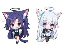 Rule 34 | 2girls, animal ear fluff, animal ears, black footwear, black gloves, black skirt, blue archive, blue necktie, blunt bangs, brown pantyhose, cat ears, cat tail, chibi, collar, collared shirt, full body, fume, gloves, halo, heart, highres, holding, jacket, long hair, looking at viewer, multiple girls, nannung, necktie, noa (blue archive), open clothes, open jacket, open mouth, pantyhose, parted bangs, purple eyes, purple hair, shirt, sidelocks, simple background, skirt, smile, tail, two side up, white background, white collar, white footwear, white hair, white jacket, white shirt, white skirt, yuuka (blue archive)