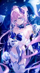 Rule 34 | 1girl, air bubble, bare shoulders, blue gemstone, bow-shaped hair, breasts, bubble, cleavage, colored tips, detached collar, detached sleeves, gem, genshin impact, gloves, half gloves, heart, highres, long hair, long sleeves, looking at viewer, medium breasts, multicolored hair, navel, parted lips, pink hair, sangonomiya kokomi, shia job, shorts, sidelocks, solo, standing, thick eyebrows, thighhighs, very long hair, vision (genshin impact), white gloves, white shorts, white thighhighs, wide sleeves