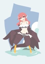 Rule 34 | 1girl, animal ears, bare shoulders, big o pants, bikini, bird ears, bird legs, black bikini, black feathers, black wings, blush stickers, breasts, cleavage, commentary request, feathers, fio-chan (big o pants), frilled bikini, frills, harpy, highres, large breasts, long hair, looking at viewer, midriff, monster girl, navel, open mouth, original, partially submerged, red eyes, red hair, solo, swimsuit, winged arms, wings