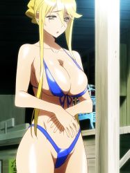 Rule 34 | 1girl, :o, absurdres, bikini, blonde hair, blue bikini, breasts, cleavage, collarbone, earrings, front-tie top, groin, half-closed eyes, highres, highschool of the dead, huge breasts, jewelry, long hair, looking down, marikawa shizuka, navel, open mouth, screencap, shiny skin, sidelocks, solo, stitched, swimsuit, thighs, third-party edit, yellow eyes