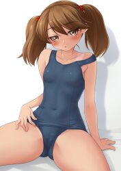 Rule 34 | 1girl, absurdres, blue one-piece swimsuit, breasts, brown eyes, brown hair, covered navel, highres, kantai collection, long hair, looking at viewer, makura (y makura), one-piece swimsuit, one-piece tan, ryuujou (kancolle), school swimsuit, shadow, simple background, sitting, small breasts, solo, spread legs, strap slip, swimsuit, tan, tanline, white background