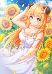 Rule 34 | 1girl, absurdres, animal ears, arm up, bare arms, bare shoulders, blonde hair, blue eyes, blurry, blurry background, blush, braid, breasts, cleavage, closed mouth, collarbone, commentary request, curled horns, day, depth of field, dress, flower, frilled dress, frills, hair ornament, hairclip, highres, hololive, horns, long hair, medium breasts, nezumi (09261377), outdoors, petals, sheep ears, sheep girl, sheep horns, sleeveless, sleeveless dress, smile, solo, sundress, sunflower, tsunomaki watame, very long hair, virtual youtuber, white dress