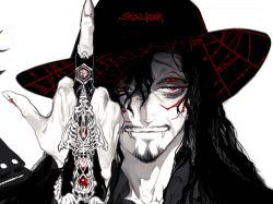 Rule 34 | 1boy, black hair, black headwear, extra eyes, facial hair, fangs, goatee, long hair, looking at viewer, male focus, middle finger, mustache, original, pigeon666, red eyes, smile, solo, tattoo, vampire, white background