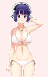 Rule 34 | 1girl, absurdres, arm at side, bikini, blue eyes, blue hair, blush, breasts, collarbone, cosplay, groin, hand up, headphones, highres, jewelry, large breasts, looking at viewer, navel, necklace, nitroplus, pink background, short hair, side-tie bikini bottom, smile, solo, standing, super sonico, super sonico (cosplay), swimsuit, white bikini, ziburikito