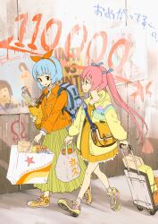 Rule 34 | 2girls, alternate costume, backpack, bag, black eyes, blue hair, blue ribbon, box, buttons, commentary request, concrete, double-breasted, dress, fashion, full body, graffiti, green skirt, grey sweater, hair ribbon, holding, holding bag, hood, hood down, hooded jacket, jacket, long hair, long skirt, long sleeves, looking at another, multiple girls, omega ray, omega rio, omega sisters, open clothes, open jacket, open mouth, orange dress, orange jacket, orange ribbon, pink hair, pleated skirt, profile, pulling, ribbon, rolled up newspaper, shoes, shopping bag, short dress, short hair, shoulder bag, siblings, side-by-side, sisters, skirt, smile, sneakers, sweater, tamo (gaikogaigaiko), turtleneck, turtleneck sweater, twintails, virtual youtuber, walking, yellow jacket