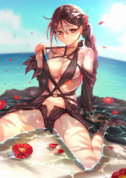 Rule 34 | 1girl, bare shoulders, beach, black one-piece swimsuit, blue sky, blush, braid, braided ponytail, breasts, brown hair, cleavage, closed mouth, collarbone, day, fate/grand order, fate (series), glasses, heroic spirit festival outfit, highres, large breasts, long hair, looking at viewer, navel, ocean, one-piece swimsuit, red eyes, single braid, sitting, sky, solo, sunday se7en, swimsuit, thighs, very long hair, wariza, water, yu mei-ren (fate), yu mei-ren (festival outfit) (fate)