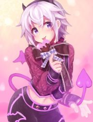 Rule 34 | 1boy, alternate costume, bad id, bad twitter id, blush, bow, candy, chocolate, chocolate heart, demon horns, demon tail, demon wings, dorifesu!, fingerless gloves, food, gloves, hairband, heart, horns, kabosudachin, licking, long sleeves, looking to the side, male focus, midriff, pink background, purple eyes, purple hair, sawamura chizuru, short hair, solo, tail, tongue, tongue out, valentine, wings