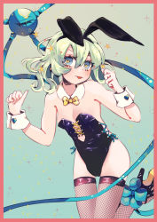 Rule 34 | 1girl, :p, animal ears, border, bow, breasts, culotte (hosenrock), detached collar, fishnets, highres, komeiji koishi, leotard, looking at viewer, playboy bunny, rabbit ears, small breasts, solo, strapless, thighhighs, tongue, tongue out, touhou, wrist cuffs