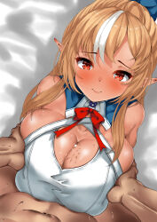 Rule 34 | 1boy, 1girl, absurdres, blonde hair, blush, bow, bowtie, breasts, cleavage cutout, clothing cutout, criss-cross halter, dark-skinned female, dark skin, detached collar, elf, grabbing, grabbing another&#039;s breast, halter shirt, halterneck, high ponytail, highres, hololive, large breasts, long hair, looking at viewer, multicolored hair, paizuri, paizuri under clothes, pointy ears, pov, pov crotch, pov hands, red bow, red bowtie, red eyes, shiranui flare, shiranui flare (1st costume), sidelocks, solo focus, straddling paizuri, streaked hair, sweat, virtual youtuber, zyunsei777