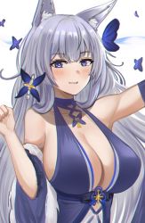 Rule 34 | 1girl, animal ears, azur lane, blue dress, blue eyes, blush, breasts, bug, butterfly, butterfly hair ornament, cleavage, collarbone, dress, hair ornament, hands up, insect, large breasts, long hair, looking at viewer, nail polish, official alternate costume, pigeon (wejil), shinano (azur lane), shinano (dreams of the hazy moon) (azur lane), silver hair, simple background, solo