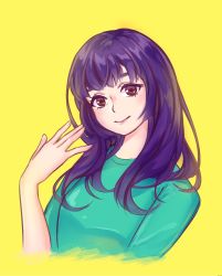 Rule 34 | 1girl, artist self-insert, brown eyes, commentary, cropped torso, english commentary, green shirt, hand up, head tilt, highres, jellypon, long hair, long sleeves, looking at viewer, original, pink lips, purple hair, shirt, simple background, smile, solo, upper body, yellow background