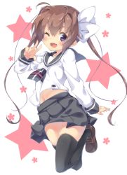 Rule 34 | 10s, 1girl, ;d, akishisu (air balance), black skirt, black thighhighs, blush, bow, brown footwear, brown hair, commentary request, fang, full body, grey neckwear, grey sailor collar, hair between eyes, hair bow, loafers, long hair, long sleeves, looking at viewer, momochi tamate, one eye closed, open mouth, pleated skirt, purple eyes, sailor collar, school uniform, serafuku, shirt, shoes, sidelocks, skirt, slow start, smile, solo, star (symbol), starry background, thighhighs, twintails, v, very long hair, white background, white bow, white shirt