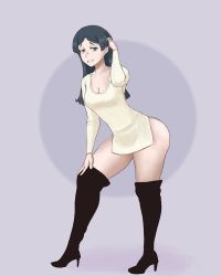 Rule 34 | 10s, 1girl, ass, barbara parker, boots, breasts, cleavage, green eyes, green hair, grin, high heel boots, high heels, little witch academia, long hair, matching hair/eyes, medium breasts, parted lips, smile, solo, standing, teeth, thigh boots, thighhighs, thotticus-slayer