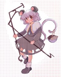 Rule 34 | 1girl, animal, animal ears, black footwear, brown eyes, capelet, closed mouth, dowsing rod, dress, full body, grey capelet, grey dress, grey hair, happy, highres, holding rod, jikilala, light smile, looking at viewer, mouse (animal), mouse ears, mouse girl, mouse tail, nazrin, short hair, simple background, sketch, socks, solo, tail, touhou, white background, white socks