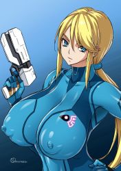Rule 34 | 1girl, blonde hair, blue background, blue eyes, bodysuit, breasts, covered erect nipples, gun, hand on own hip, huge breasts, impossible bodysuit, impossible clothes, long hair, looking at viewer, low ponytail, metroid, mature female, nintendo, onomeshin, ponytail, samus aran, skin tight, solo, weapon, zero suit