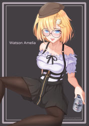 Rule 34 | 1girl, absurdres, alcohol, bare shoulders, beer, beer can, beer mug, beret, black skirt, blonde hair, blue eyes, blush, bob cut, brown hat, can, cup, drink can, earrings, frilled shirt, frills, glasses, grey background, hair between eyes, hair ornament, hat, highres, holding, hololive, hololive english, jewelry, looking at viewer, mug, open mouth, pantyhose, shirt, short hair, single earring, sitting, skirt, solo, spread legs, teeth, thighs, tongue, tongue out, tsubame tien, virtual youtuber, watson amelia, watson amelia (street casual), white shirt