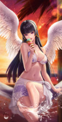 Rule 34 | 1girl, absurdres, alternate color, artist request, bare shoulders, barefoot, bikini, black hair, breasts, cleavage, collarbone, commentary request, dead or alive, dead or alive 6, eating, eyeshadow, feathered wings, female focus, food, gradient sky, hair ornament, highres, hime cut, holding, holding food, ice cream, large breasts, lips, long hair, looking at viewer, makeup, medium breasts, mole, mole under mouth, navel, nyotengu, official art, orange sky, purple eyes, sarong, simple background, sitting, sky, smile, solo, stomach, sunset, swimsuit, the king of fighters, the king of fighters all-stars, toes, tongue, underboob, water, water drop, white wings, wings