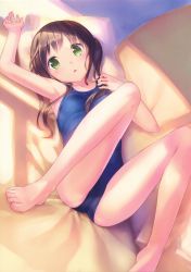Rule 34 | 1girl, :o, absurdres, adjusting hair, armpits, bare legs, barefoot, breasts, brown hair, eyebrows, feet, green eyes, highres, indoors, legs, long hair, looking at viewer, lying, new school swimsuit, on back, one-piece swimsuit, open mouth, original, pillow, scan, school swimsuit, small breasts, solo, spread legs, swimsuit, takoyaki (roast), toes, twintails