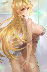 Rule 34 | 1girl, ass, bare shoulders, blonde hair, breasts, cleavage, female focus, headpiece, highres, large breasts, long hair, looking at viewer, matching hair/eyes, mythra (radiant beach) (xenoblade), mythra (xenoblade), nintendo, one-piece swimsuit, sideboob, signo aaa, simple background, solo, swimsuit, xenoblade chronicles (series), xenoblade chronicles 2, yellow eyes