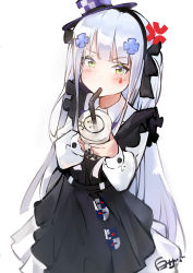 Rule 34 | 1girl, anger vein, bendy straw, black bow, black dress, black hairband, blush, bow, bubble tea, closed mouth, collared shirt, commentary, cup, disposable cup, dress, drinking, drinking straw, facial mark, girls&#039; frontline, green eyes, hair bow, hair ornament, hairband, hat, highres, hk416 (black kitty&#039;s gift) (girls&#039; frontline), hk416 (girls&#039; frontline), holding, holding cup, long sleeves, mini hat, official alternate costume, pleated skirt, purple headwear, shirosaba, shirt, signature, silver hair, simple background, skirt, sleeveless, sleeveless dress, solo, sweat, tilted headwear, white background, white shirt, white skirt