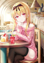 Rule 34 | 1girl, aran sweater, arifureta shokugyou de sekai saikyou, bare shoulders, bendy straw, black bow, black hairband, black ribbon, black thighhighs, blonde hair, blurry, blurry background, blush, bow, breasts, cable knit, cafe, cake, ceiling light, chair, closed mouth, collarbone, commentary request, crossed legs, cup, dress, drink, drinking glass, drinking straw, feet out of frame, food, fruit, hair between eyes, hair bow, hair ribbon, hairband, hand on own face, has bad revision, has downscaled revision, highres, holding, indoors, iren lovel, long hair, long sleeves, looking at viewer, md5 mismatch, off-shoulder sweater, off shoulder, on chair, pink sweater, plate, red eyes, resolution mismatch, ribbon, sitting, sleeves past wrists, small breasts, smile, solo, source smaller, strawberry, sweater, sweater dress, table, thighhighs, very long hair, yue (arifureta)