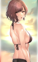 Rule 34 | 1girl, :o, absurdres, bare arms, bare shoulders, bikini, black bikini, blurry, blurry background, blush, breasts, brown eyes, brown hair, from side, highres, higuchi madoka, idolmaster, idolmaster shiny colors, large breasts, looking at viewer, looking to the side, mole, mole under eye, open mouth, pol winner, shiny skin, short hair, swimsuit