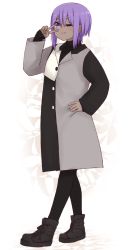 Rule 34 | 1girl, ;&gt;, black coat, black footwear, black pantyhose, black sweater, blush, boots, closed mouth, coat, crossed legs, dark-skinned female, dark skin, fate/prototype, fate/prototype: fragments of blue and silver, fate (series), full body, grey coat, hair between eyes, hand on own hip, hassan of serenity (fate), highres, i.u.y, long sleeves, pantyhose, purple eyes, purple hair, ribbed sweater, sleeves past wrists, smile, solo, standing, sweater, v, v-shaped eyebrows