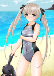 Rule 34 | 1girl, beach, brown eyes, competition swimsuit, day, kasugano sora, long hair, norte, one-piece swimsuit, silver hair, swimsuit, twintails, yosuga no sora