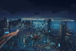 Rule 34 | building, city, city lights, cityscape, cloud, cloudy sky, commentary request, from above, helipad, night, night sky, no humans, outdoors, road, scenery, sky, skyscraper, xi chen chen
