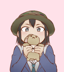 Rule 34 | 1girl, asakusa midori, black eyes, black hair, blazer, blue jacket, blue necktie, bucket hat, camouflage, close-up, commentary, covering own mouth, eizouken ni wa te wo dasu na!, green hat, hair between eyes, hat, henriiku (ahemaru), holding, holding stuffed toy, jacket, light blush, long sleeves, looking at viewer, necktie, own hands together, pink background, portrait, sailor collar, school uniform, shirt, short hair, simple background, solo, straight-on, stuffed animal, stuffed rabbit, stuffed toy, upper body, w arms, white sailor collar, white shirt