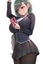 Rule 34 | 1girl, absurdres, arm up, backlighting, black eyes, black jacket, black pantyhose, black skirt, breasts, cellphone, cheonju, closed mouth, expressionless, green hair, hair behind ear, highres, holding, holding phone, jacket, large breasts, long hair, looking down, original, pantyhose, phone, pleated skirt, school uniform, simple background, skirt, smartphone, solo, swept bangs, very long hair, white background