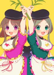 Rule 34 | 2girls, apron, arm up, back bow, bamboo, black bow, black headwear, blush, bow, breasts, brown hair, buttons, commentary request, dress, e sdss, fingernails, frills, gradient clothes, green dress, green eyes, green hair, hand up, hat, highres, leaf, long fingernails, looking at viewer, medium breasts, multicolored bow, multiple girls, myouga (plant), nishida satono, open mouth, pink dress, pink eyes, plant, puffy short sleeves, puffy sleeves, purple bow, red bow, short hair, short hair with long locks, short sleeves, simple background, smile, standing, teireida mai, tongue, touhou, white apron, yellow background, yellow bow
