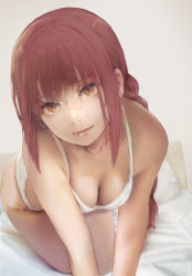 Rule 34 | 1girl, all fours, bare shoulders, bed sheet, bra, braid, braided ponytail, breasts, chainsaw man, closed mouth, collarbone, commentary, highres, long hair, looking at viewer, makima (chainsaw man), medium breasts, nostrils, on bed, orange eyes, panties, pillow, realistic, red hair, ringed eyes, solo, thighs, toraya (doujintraya), underwear, underwear only, white bra, white panties