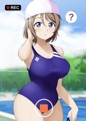 Rule 34 | 1girl, ?, alternate breast size, barkhorn0331, blue eyes, blurry, blurry background, breasts, brown hair, collarbone, recording, highres, large breasts, looking at viewer, love live!, love live! sunshine!!, pool, short hair, solo, standing, swim cap, swimming goggles, swimsuit, watanabe you, wet