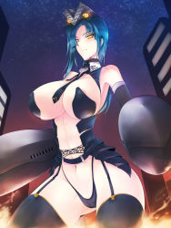 Rule 34 | 1girl, blue hair, breasts, city, fire, giant, giantess, haganef, highres, image sample, large breasts, night, pixiv sample, resized, short hair, thighhighs