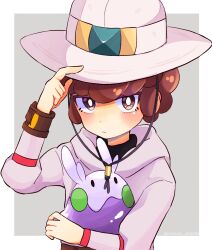 Rule 34 | 1boy, border, bright pupils, brown eyes, brown hair, closed mouth, commentary request, creatures (company), game freak, gen 6 pokemon, goomy, grey background, hand on headwear, hat, highres, holding, holding pokemon, hood, hood down, hoodie, kinomaru usizu, lian (pokemon), looking at viewer, male focus, nintendo, pearl clan outfit, pokemon, pokemon (creature), pokemon legends: arceus, short hair, white border, white headwear, white pupils