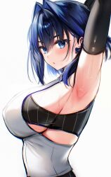 1girl absurdres arm_up armpits black_tube_top blue_bow blue_eyes blue_hair blush bow bow_earrings breasts earrings highres hololive hololive_english jewelry large_breasts maru_ccy ouro_kronii ouro_kronii_(1st_costume) shirt short_hair sideboob solo strapless tube_top virtual_youtuber white_background white_shirt